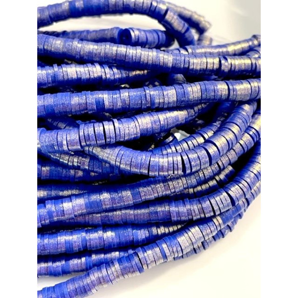 Perles rondelles, Heishi effet Nacrées en pâte polymère 6 par 1mm, couleur 01A Bleu