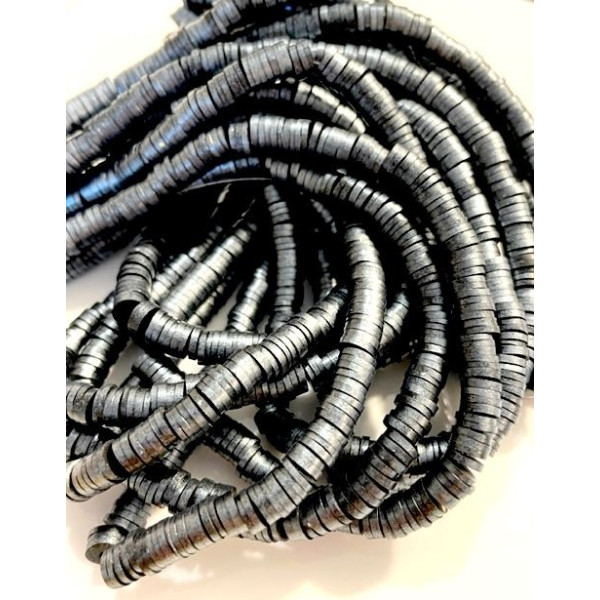 Perles rondelles, Heishi effet Nacrées, pâte polymère 6 par 1mm, couleur 01G Anthracite