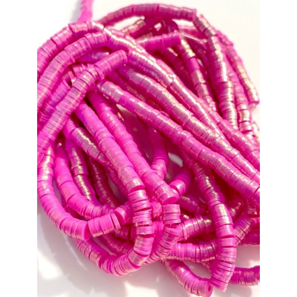 Perles rondelles, Heishi effet Nacrées en pâte polymère 6 par 1mm, couleur 01C ROSE
