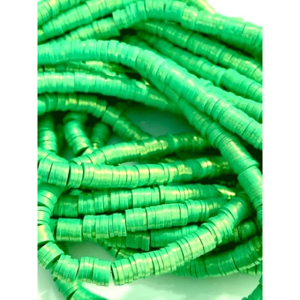 Perles rondelles, Heishi effet Nacrées en pâte polymère 6 par 1mm, couleur 01F VERT