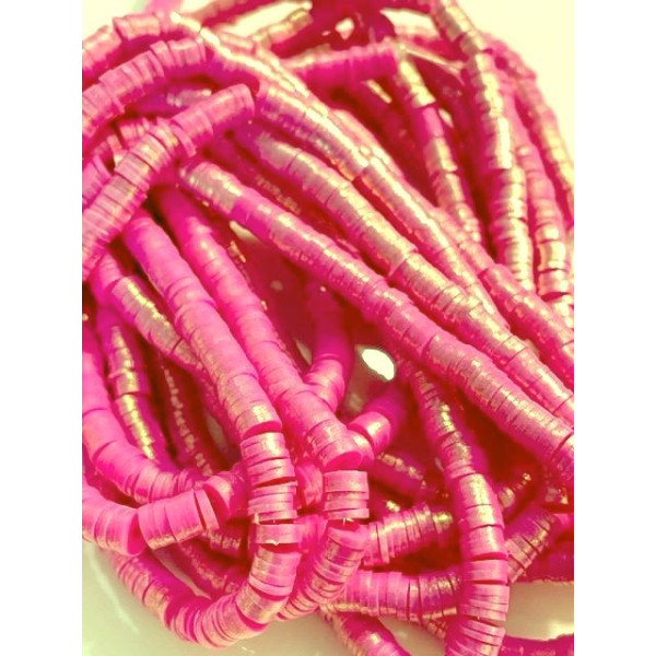 Perles rondelles, Heishi effet Nacrées, pâte polymère 6 par 1mm, couleur 01I ROSE Fuchsia