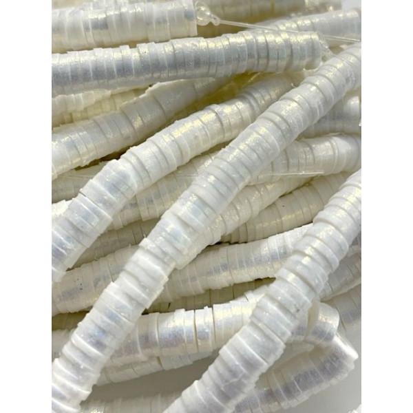 Perles rondelles, Heishi effet Nacrées, pâte polymère 6 par 1mm, couleur 01D BLANC