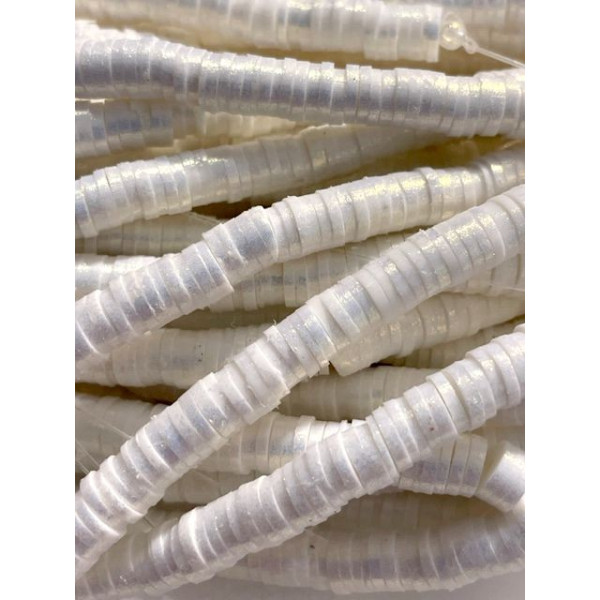 Perles rondelles, Heishi effet Nacrées, pâte polymère 6 par 1mm, couleur 01D BLANC