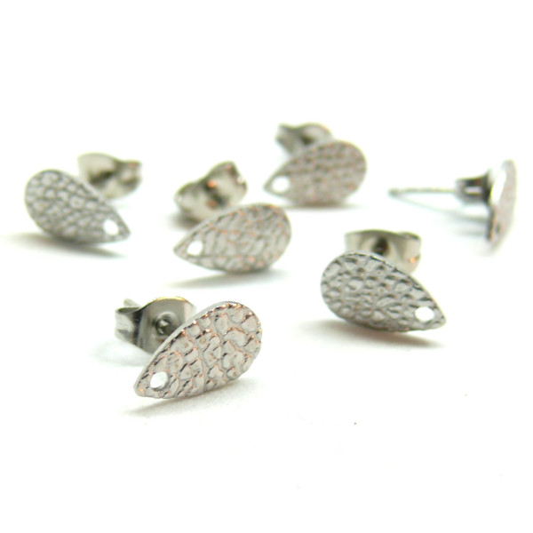 Boucles d'oreilles Clous, Puce Goutte 10mm, Texturée avec trou et embouts, Acier inoxydable 304, finition Argenté