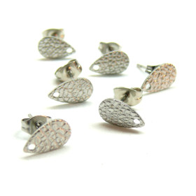 Boucles d'oreilles Clous, Puce Goutte 10mm, Texturée avec trou et embouts, Acier inoxydable 304, finition Argenté