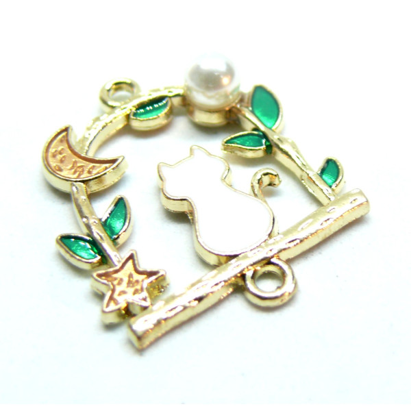 Pendentifs résine style émaillés Chat sur Perchoir 27mm sur une base en métal Doré
