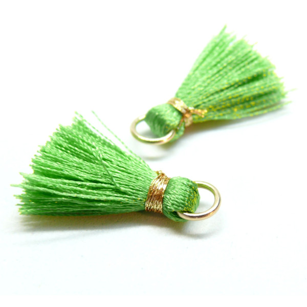 Pompons, breloque, passementière avec fil d'or et anneau 25mm, VERT