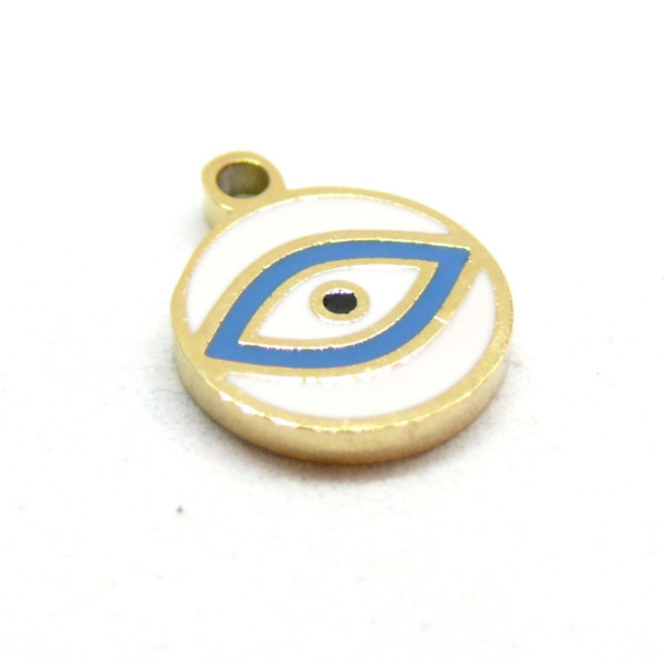 Pendentif avec Oeil de la protection 12mm, résine émaillée, Acier Inoxydable 304, finition Doré à l'or fin 18K, Placage IONIQUE