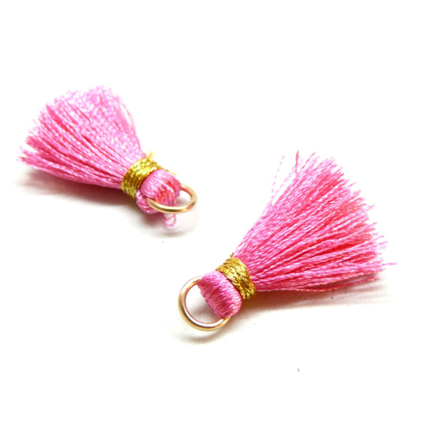 Pompons, breloque, passementière avec fil d'or et anneau 25mm, Rose Fuchsia