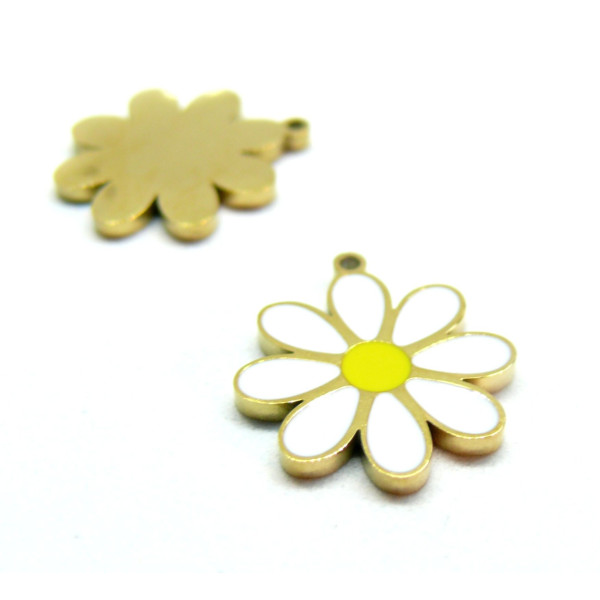 Pendentif Fleur, Marguerite 15mm, résine émaillée, Acier Inoxydable 304, Doré à l'or fin 18K, Placage IONIQUE