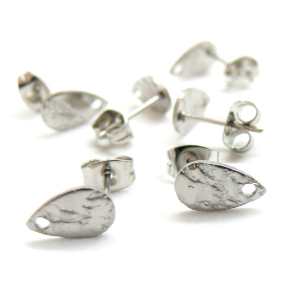 Boucles d'oreilles Clous, Puce Goutte 10mm, Martelé avec trou et embouts, Acier inoxydable 304, finition Argenté