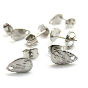 Boucles d'oreilles Clous, Puce Goutte 10mm, Martelé avec trou et embouts, Acier inoxydable 304, finition Argenté