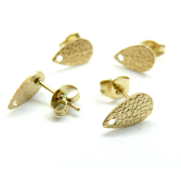 Boucles d'oreilles Clous, Puce Goutte 10mm, Texturée avec trou et embouts, Acier inoxydable 304, finition Doré