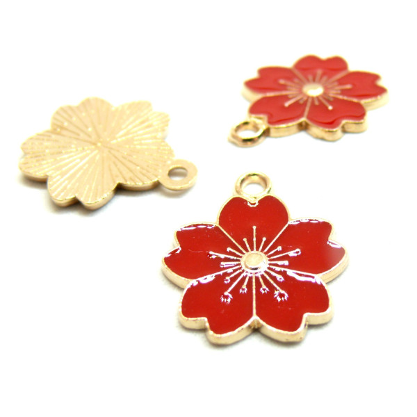 Pendentifs Fleurs de SAKURA 17mm – Émaillés Rouge, Métal Finition Dorée