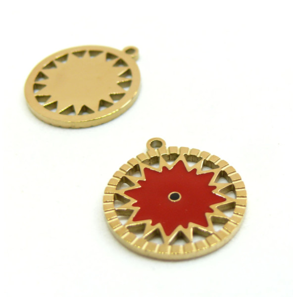 Pendentif, Médaillon Soleil 18mm, résine émaillée, Acier Inoxydable 304, Doré Placage IONIQUE Coloris 01