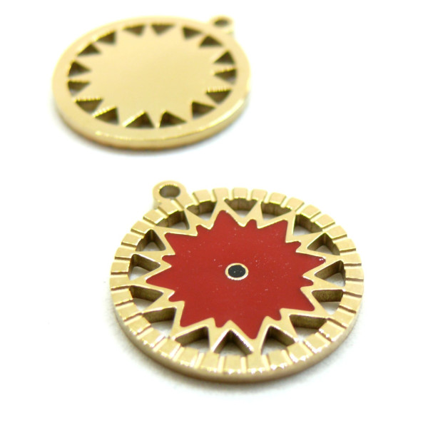 Pendentif, Médaillon Soleil 18mm, résine émaillée, Acier Inoxydable 304, Doré Placage IONIQUE Coloris 01