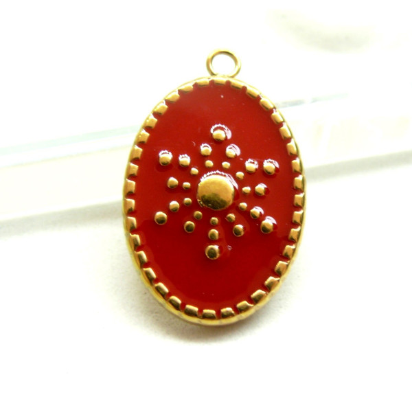 Pendentif, Médaillon Ovale, Soleil 23mm, résine émaillée, Acier Inoxydable 304, Doré à l'or fin 18K