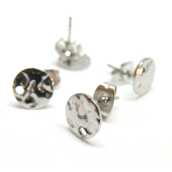 Boucles d'oreilles Clous, Puce Ronde 8mm, Martelée avec trou et embouts, Acier inoxydable 304, finition Argenté