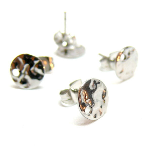 Boucles d'oreilles Clous, Puce Ronde 8mm, Martelée avec trou et embouts, Acier inoxydable 304, finition Argenté