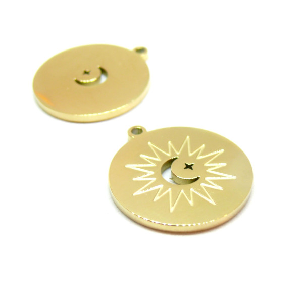 Pendentif, médaillon Soleil et Lune 22mm, Acier Inoxydable 316L, finition Doré à l'or fin 18K, Placage IONIQUE