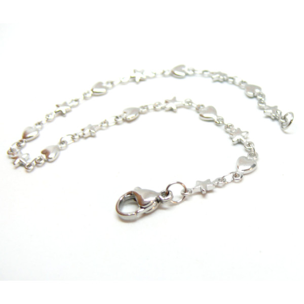 Bracelet, maille Etoile et Coeur,  Acier Inoxydable 304, finition Argenté