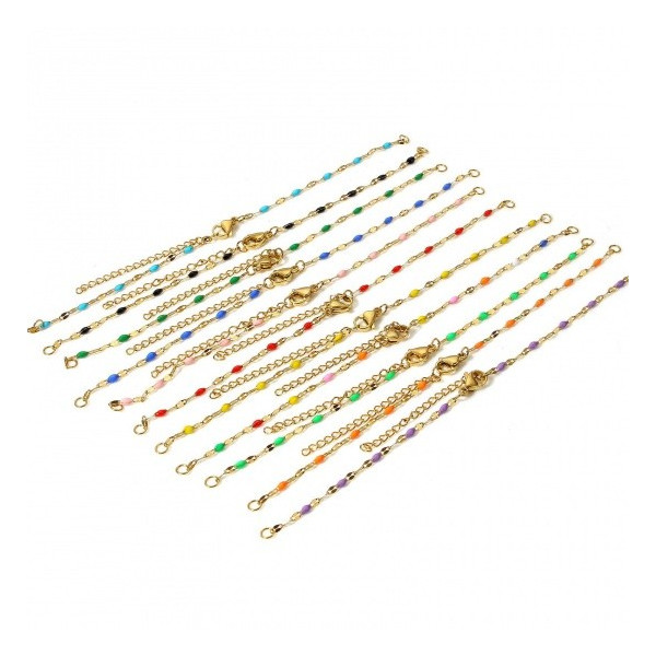 Bracelet Ajustable avec chaîne d'extension, Maille fantaisie 2.5mm avec résine émaillée ROSE, Acier Inoxydable 304 Doré