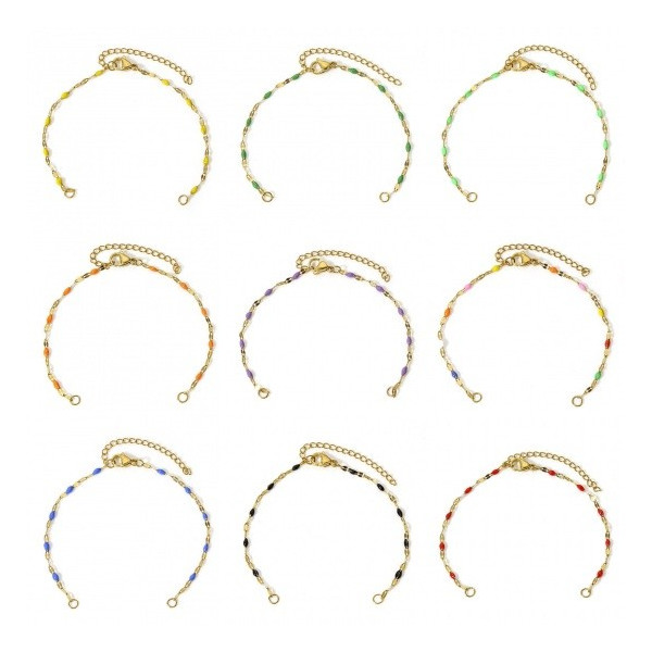 Bracelet Ajustable avec chaîne d'extension, Maille fantaisie 2.5mm avec résine émaillée ROSE, Acier Inoxydable 304 Doré