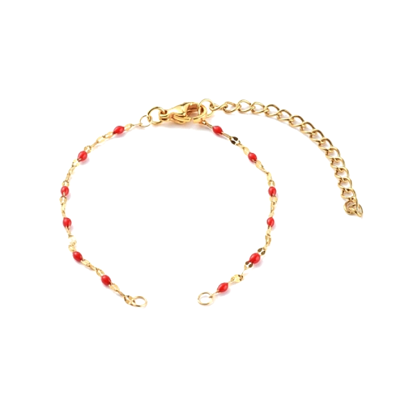 Bracelet Ajustable avec chaîne d'extension, Maille fantaisie 2mm, résine émaillée ROUGE, Acier Inoxydable 304 Doré