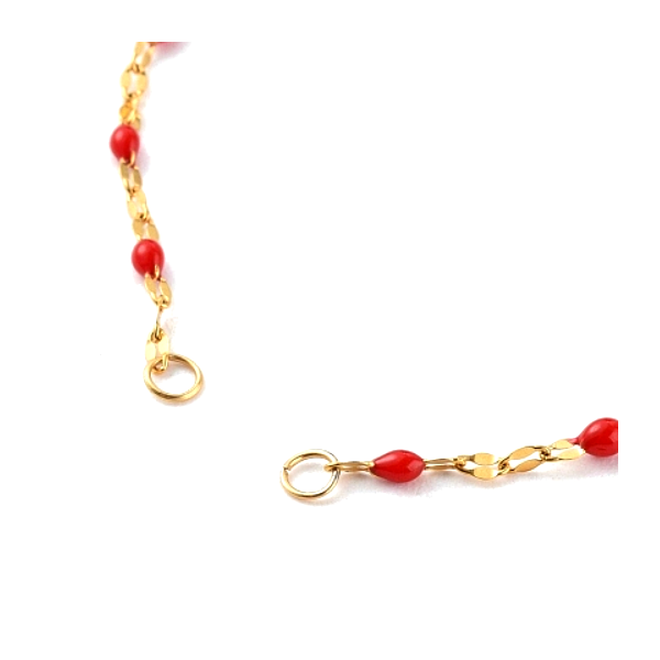 Bracelet Ajustable avec chaîne d'extension, Maille fantaisie 2mm, résine émaillée ROUGE, Acier Inoxydable 304 Doré