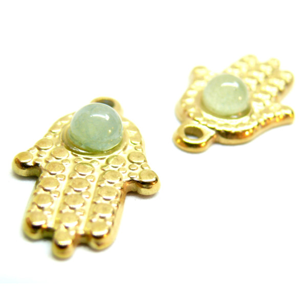Pendentif, Chance, Amulette Main de Fatima 25 par 16mm, Aventurine, Acier Inoxydable 304 finition Doré