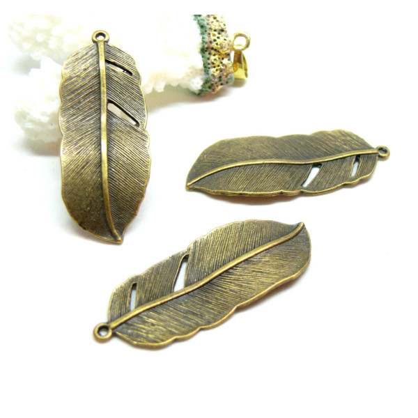 Pendentifs plumes ARTY 72mm, Laiton finition BRONZE