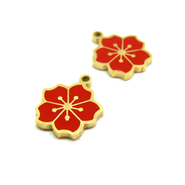 Pendentif, Fleur de Sakura Rouge 12mm, résine émaillée, Acier Inoxydable 304, Doré placage IONIQUE
