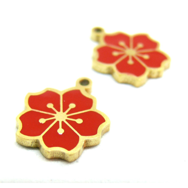 Pendentif, Fleur de Sakura Rouge 12mm, résine émaillée, Acier Inoxydable 304, Doré placage IONIQUE