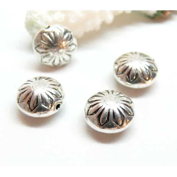 Slides, passant, Perles intercalaires, Fleur Biface 12mm, Laiton finition Argent Antique