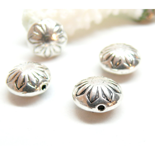 Slides, passant, Perles intercalaires, Fleur Biface 12mm, Laiton finition Argent Antique