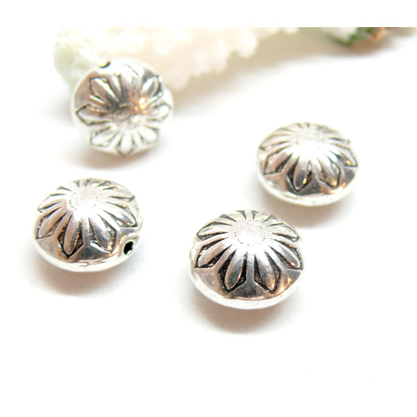 Slides, passant, Perles intercalaires, Fleur Biface 12mm, Laiton finition Argent Antique
