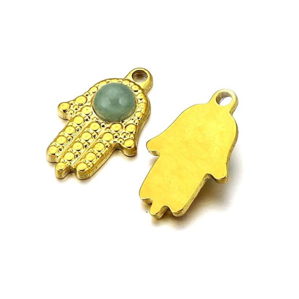 Pendentif, Chance, Amulette Main de Fatima 25 par 16mm, Aventurine, Acier Inoxydable 304 finition Doré