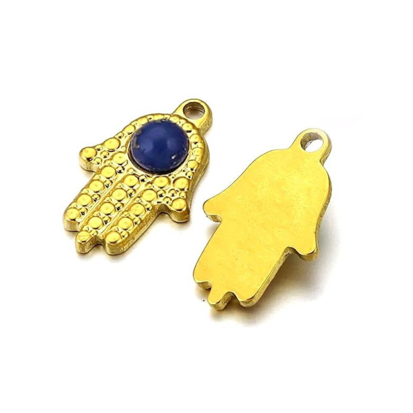 Pendentif, Chance, Amulette Main de Fatima 25 par 16mm, Lapis Lazuli, Acier Inoxydable 304 finition Doré