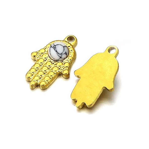 Pendentif, Chance, Amulette Main de Fatima 25 par 16mm, Howlite Acier Inoxydable 304 finition Doré