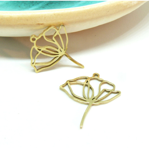 Pendentif Fleur sur Tige 38 mm, Acier Inoxydable finition Doré, Placage IONIQUE
