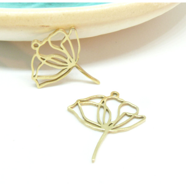 Pendentif Fleur sur Tige 38 mm, Acier Inoxydable finition Doré, Placage IONIQUE