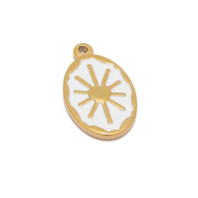 Pendentif, Médaillon Ovale 14 par 23mm, Soleil, résine émaillée Blanc, Acier Inoxydable 304, finition Doré