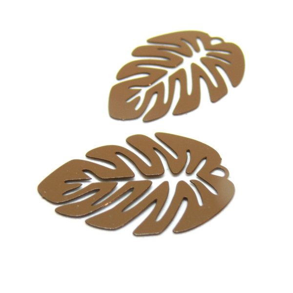 Estampes, pendentifs filigrane, Feuille Monstera Exotique 28 par 20mm, coloris Marron
