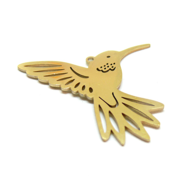 Pendentif Oiseau mouche, Colibri 34mm, Acier Inoxydable 304, finition Doré