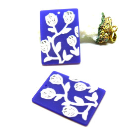 Pendentifs Résine, Rose Vintage 3D forme Rectangle 35mm, coloris Bleu