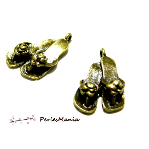 Lot de 4 pendentifs sandales tongs fleurs P15362 metal couleur Bronze