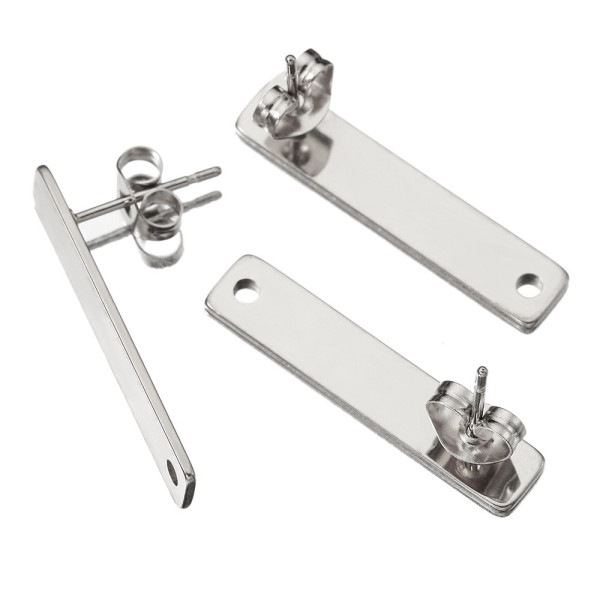 Boucles d'oreilles, Puces Rectangle 25 par 5mm avec trou, Acier Inoxydable 304, finition ARGENT