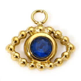 Pendentif Amulette, Œil de la protection avec Strass BLEU 10.5 mm, Acier Inoxydable finition Doré, Placage IONIQUE
