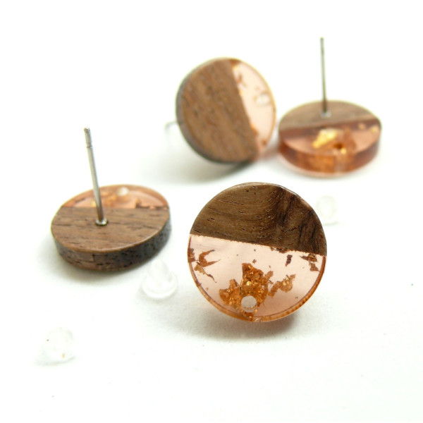 Supports de Boucles d’oreille Puce Bois & Résine avec Inclusion Dorée – Attache 14mm + Embouts Plastique