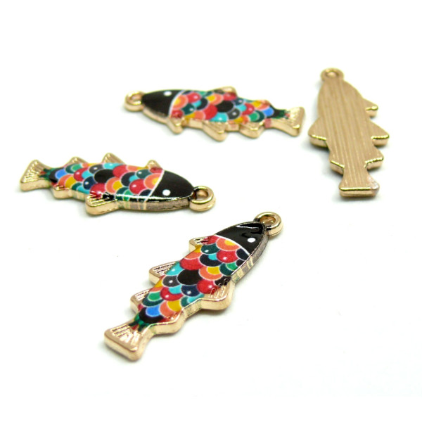 Pendentifs, breloques émaillées forme Poisson, métal Doré